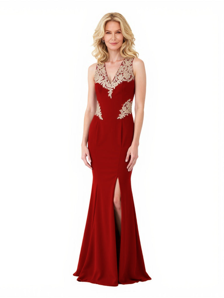 Elegant Crepe V-Neck Mermaid Side Slit Applique Long Mother Of The Bride Dresses
