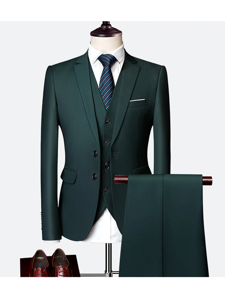 Dark Green Men's Casual 3 Piece Suit Notch Lapel Flat Tuxedos Set CN467