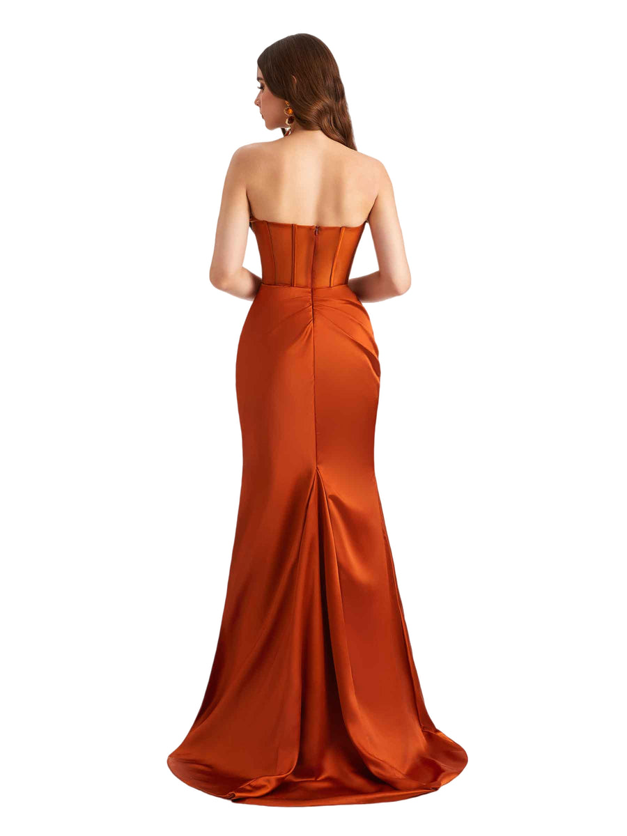 Sexy Strapless Silky Satin Side Split Mermaid Chic Long Bridesmaid Dresses Online