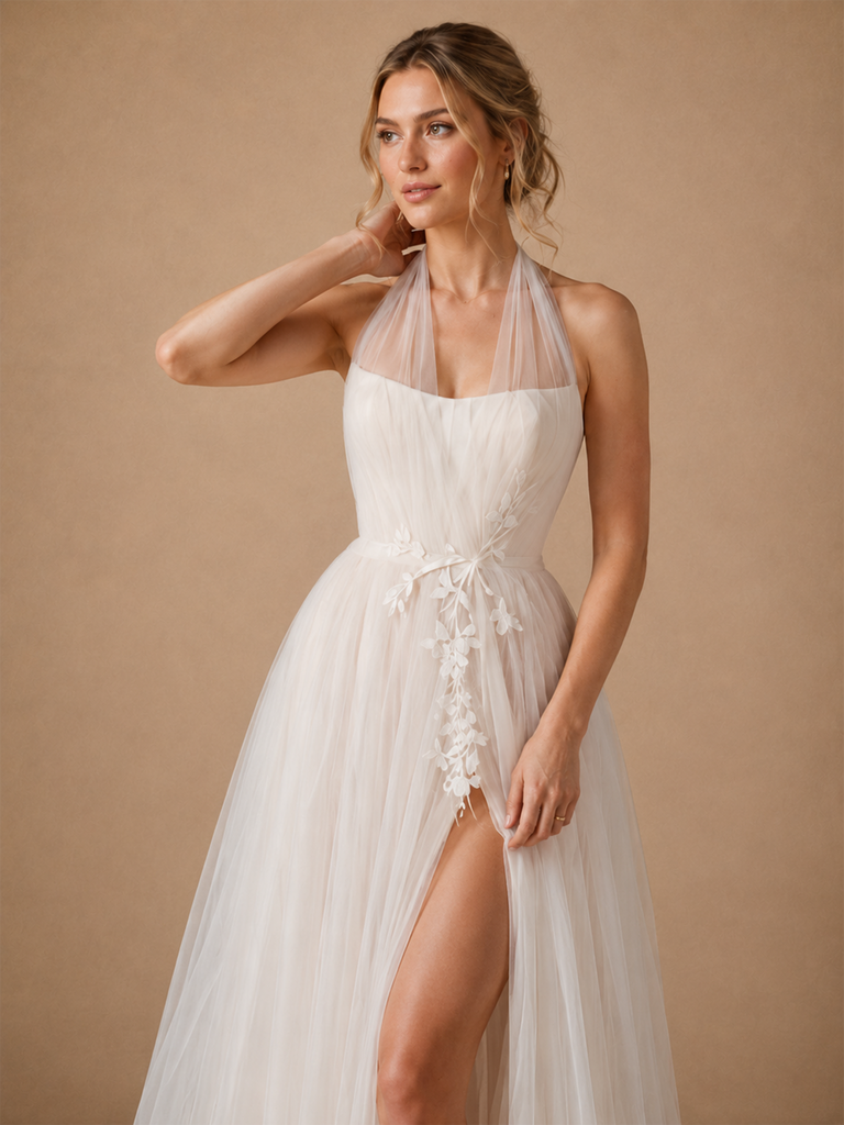 ChicSew Classy Halter Strap Sleeveless Side Slit Tulle A-Line Maxi Long Wedding Dress