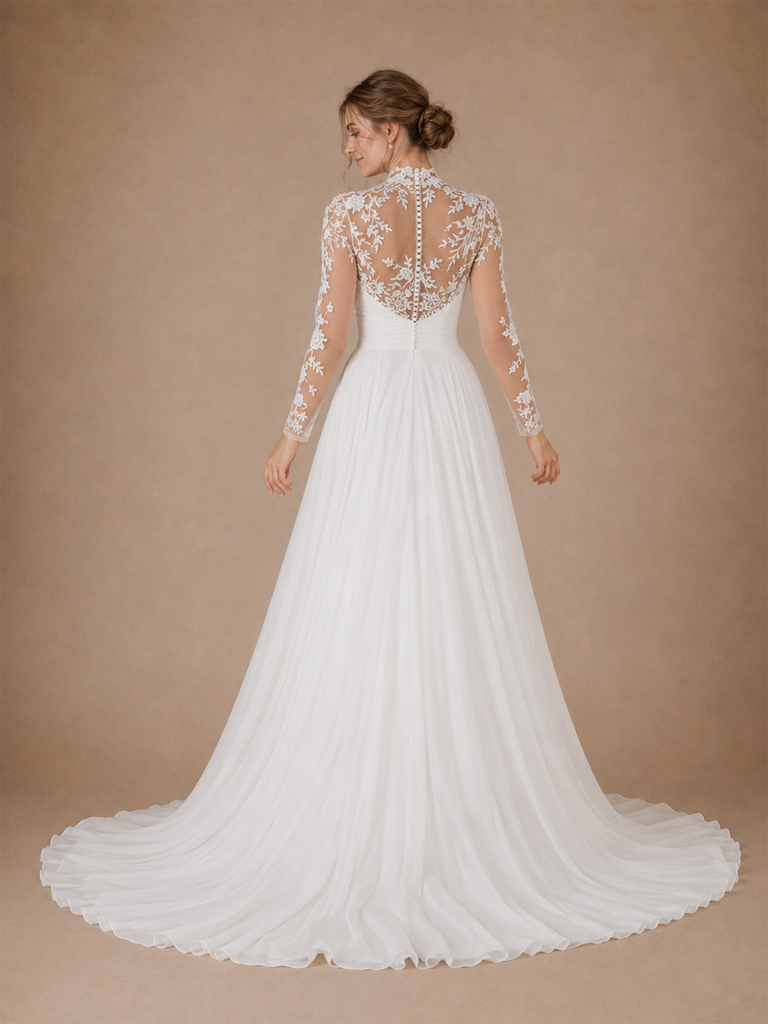 ChicSew Classy High Neck Long Sleeves Lace Chiffon A-Line Maxi Wedding Dress