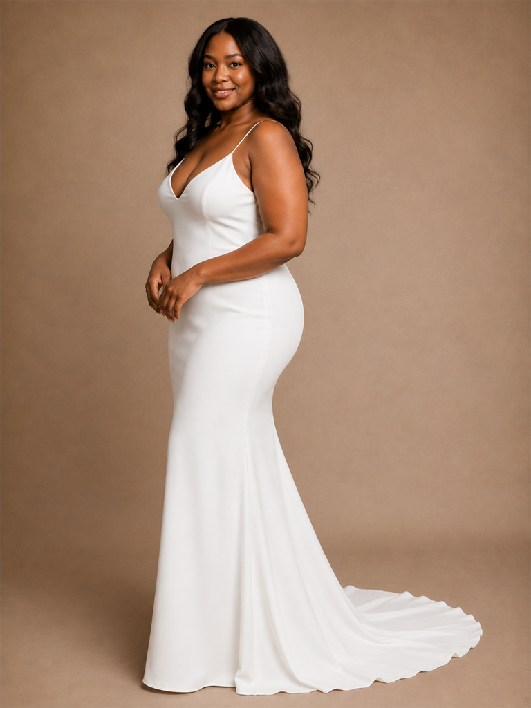 ChicSew Elegant V-Neck Spaghetti Straps Mermaid Crepe Floor-Length Wedding Dress