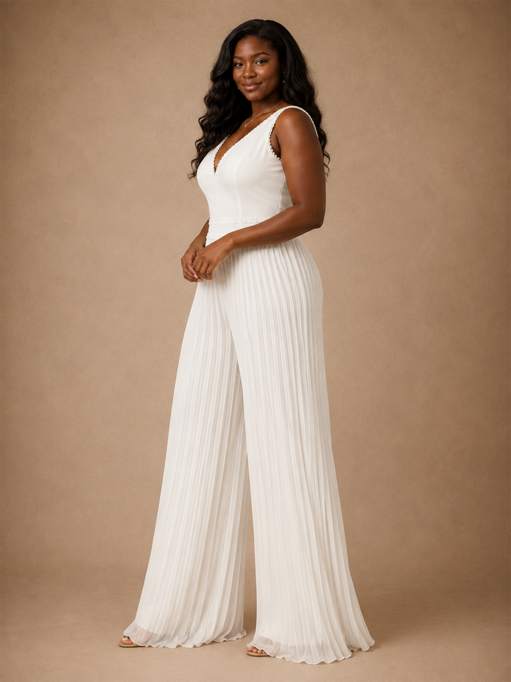 ChicSew Unique Pleated Chiffon V-Neck Floor-Length Long Wedding Jumpsuit