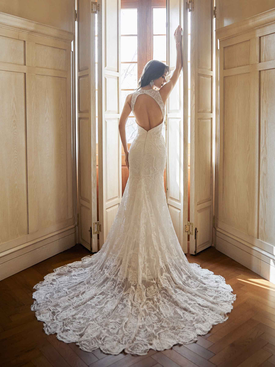 Sexy Mermaid Open Back Halter Maxi Long Lace Wedding Dresses Online