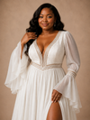 ChicSew Sexy V-Neck Chiffon Long Flutter Sleeves A-Line Side Slit Maxi Wedding Dress