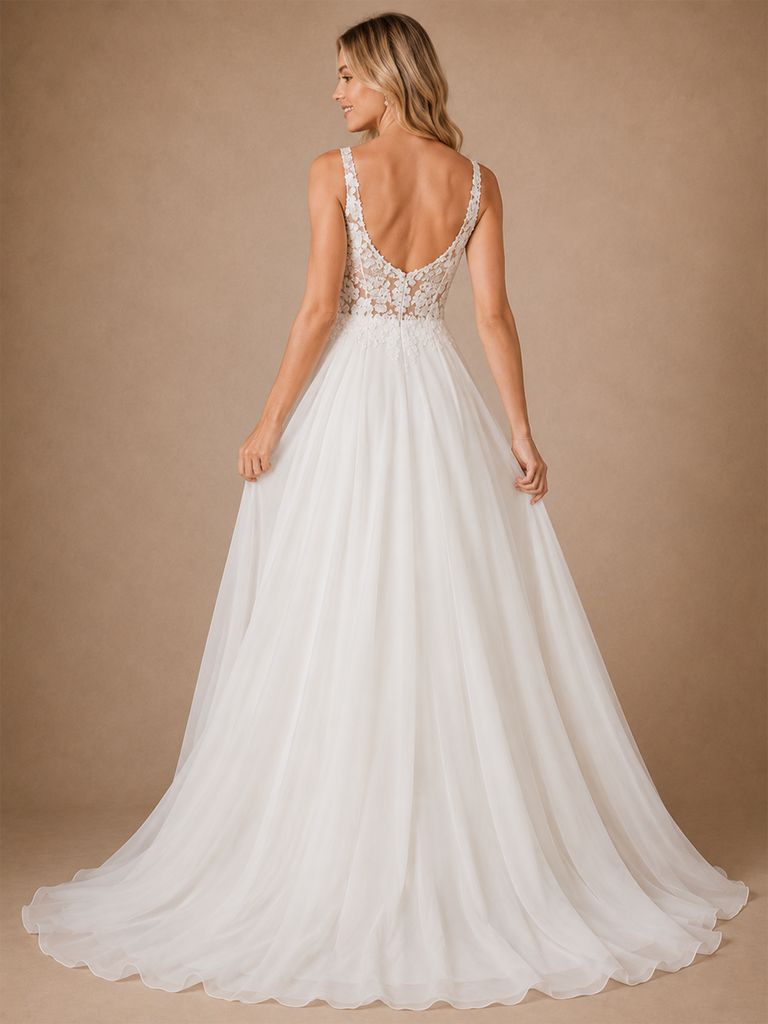 ChicSew Elegant A-Line Lace Chiffon Spaghetti Straps Sleeveless Maxi Wedding Dress