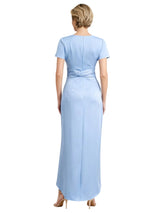 Elegant V-Neck Short Sleeves Ruched Satin Side Slit Mermaid Mother Of The Bride Dresses