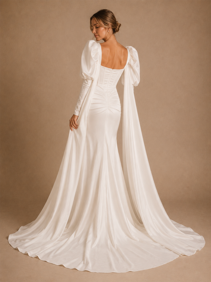ChicSew Unique Square Long Sleeves Boning Satin Mermaid Floor-Length Wedding Dress
