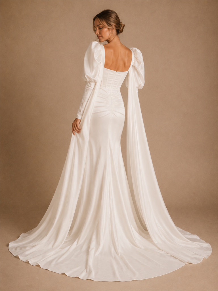 ChicSew Unique Square Long Sleeves Boning Satin Mermaid Floor-Length Wedding Dress