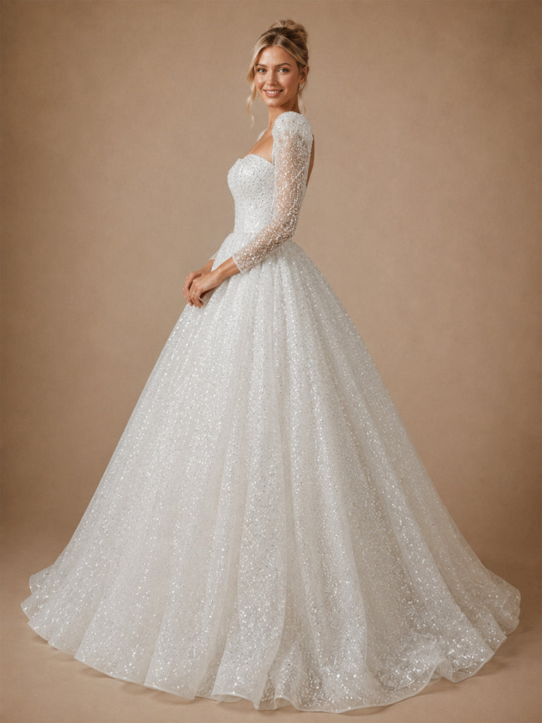 ChicSew Unique Square Neck Long Sleeves A-Line Sequin Floor-Length Wedding Dresses