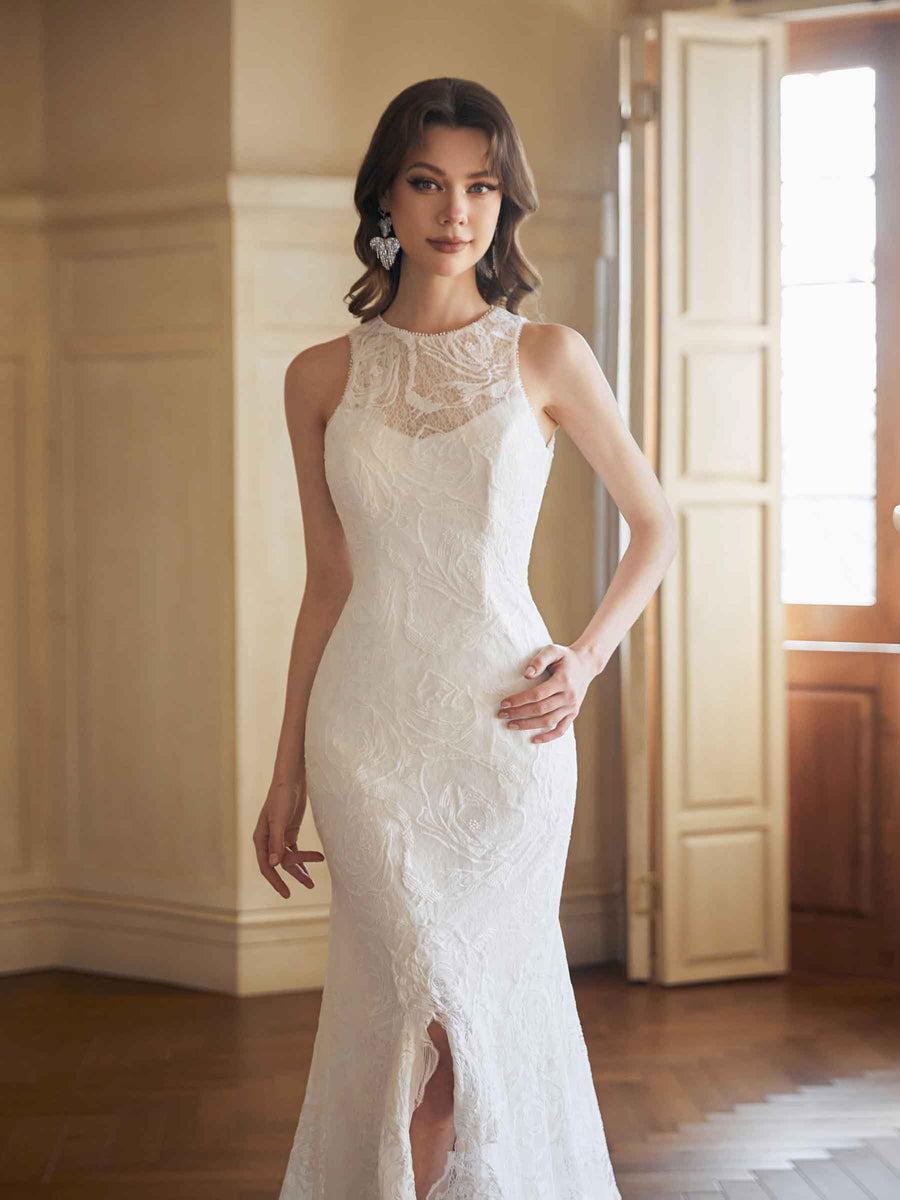 Sexy Mermaid Open Back Halter Maxi Long Lace Wedding Dresses Online