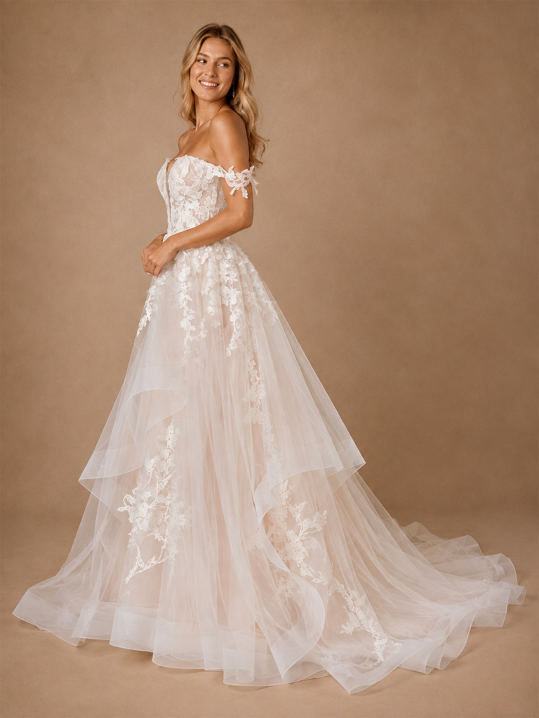 ChicSew Fancy Off The Shoulder Lace Appliques Tulle Long A-Line Wedding Dress