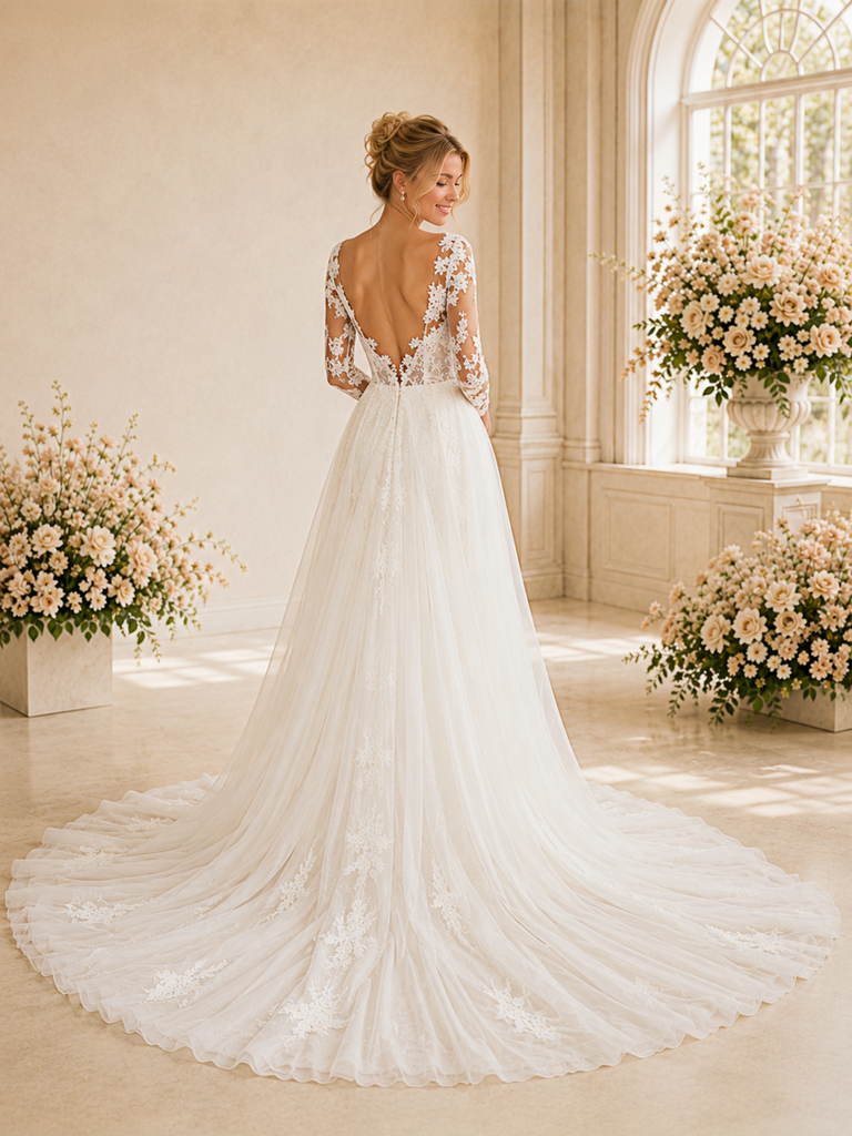 ChicSew Elegant V-Neck Long Sleeves Lace Open Back Mermaid Long Wedding Dress