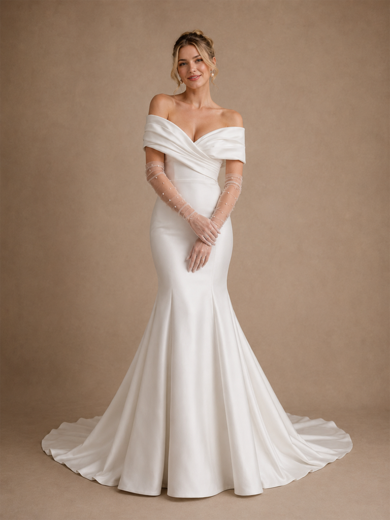 ChicSew Fancy Off The Shouder Ruching Mermaid Satin Floor-Length Wedding Dress
