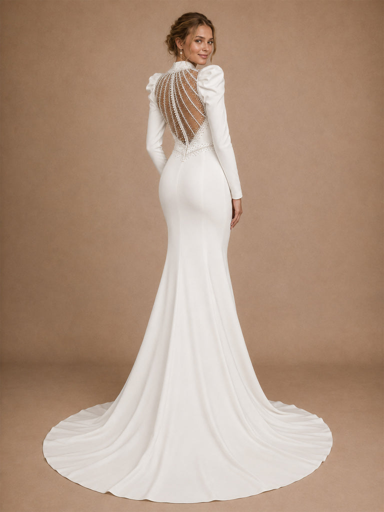 ChicSew Modern Classy High Neck Long Puff Sleeves Beaded Satin Mermaid Wedding Dresses