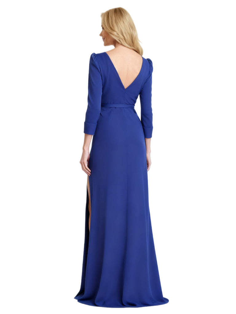 Elegant Long Sleeves Satin Mermaid V-Neck Mother Of The Bride Dresses With Side Slit