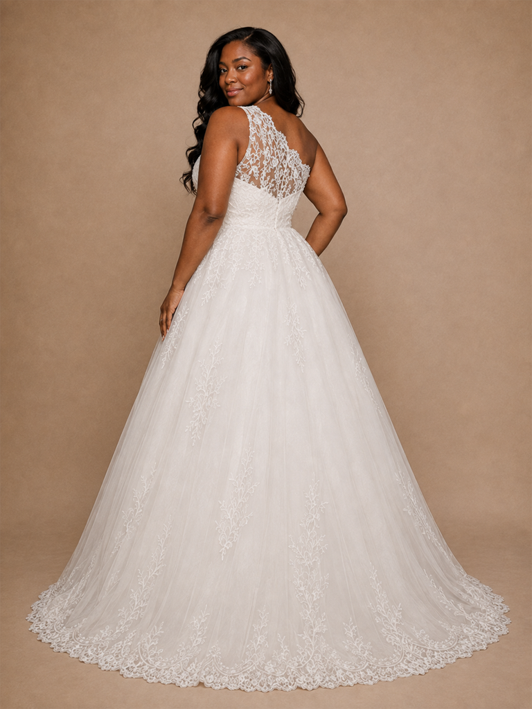 ChicSew Classy One Shoulder A-Line Sleeveless Lace Tulle Maxi Wedding Dress