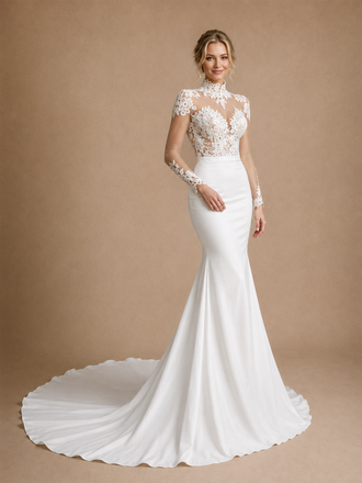 ChicSew Morden High Neck Long Sleeves Satin Lace Mermaid Floor-Length Wedding Dress