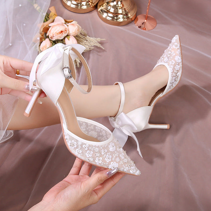 White satin high heels for women stiletto pointed toe bows hollow wedding shoes banquet sequined shoes