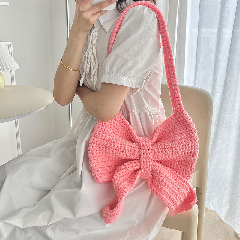 bow shoulder bag hand-woven bag wool material bag crochet homemade underarm bag