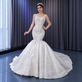 ChicSew Sparkly Mermaid Spaghetti Straps Lace Applique Ball Gown Wedding Dress