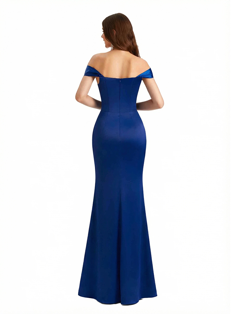 Sexy Off The Shoulder Boning Side Slit Mermaid Silky Satin Maxi Evening Dresses For Women