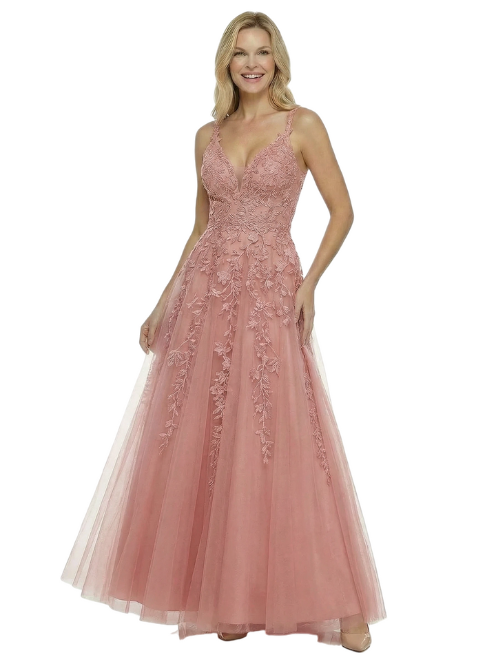 ChicSew Beautiful Spaghetti Straps V-Neck Lace Appliques A-Line Tulle Formal Prom Dress