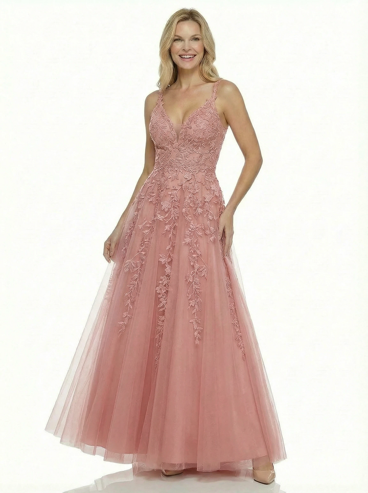 Elegant Lace V-Neck A-line Long Evening Party Prom Dresses