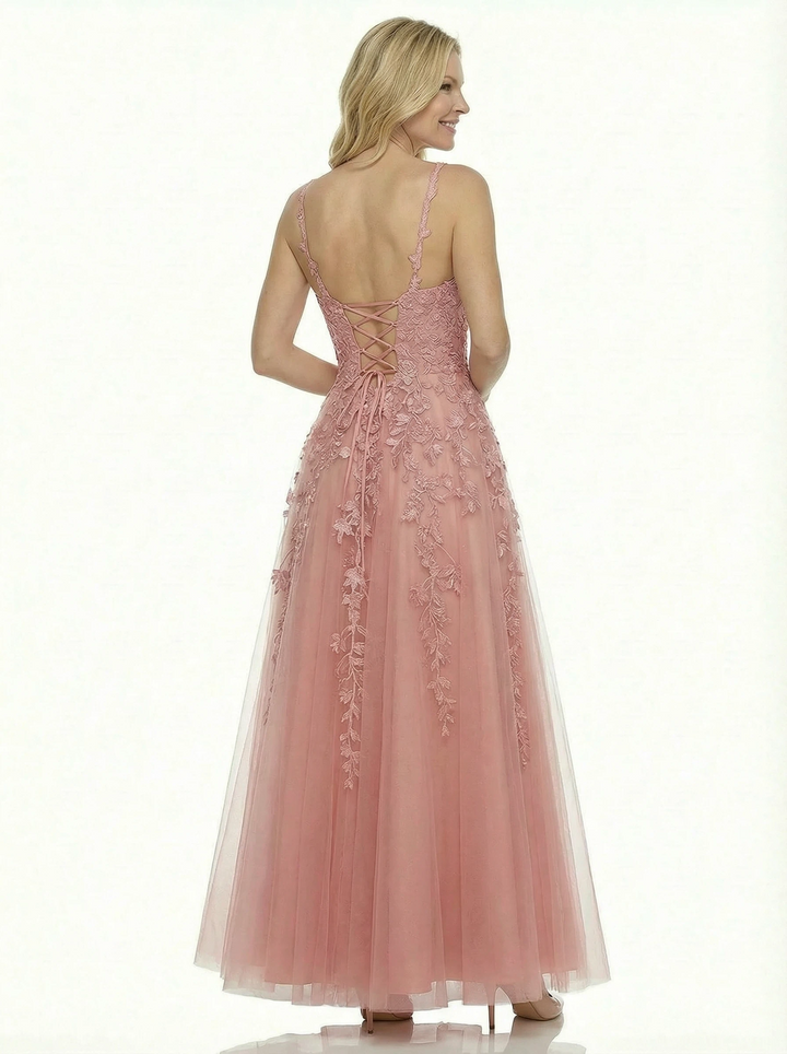 Elegant Lace V-Neck A-line Long Evening Party Prom Dresses