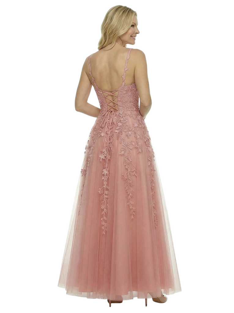 ChicSew Beautiful Spaghetti Straps V-Neck Lace Appliques A-Line Tulle Formal Prom Dress