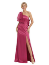 Modern One Shoulder Side Slit Satin Sheath Mother Of The Bride Dress With Bow Knot