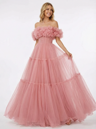 Sweet Tulle Off Shoulder Sleeveless A-line Evening Prom Dresses