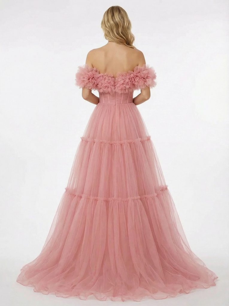 Sweet Tulle Off Shoulder Sleeveless A-line Evening Prom Dresses