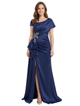 Classy Asymmetric Ruched Side Slit Silky Satin Long Mother Of The Groom Gown