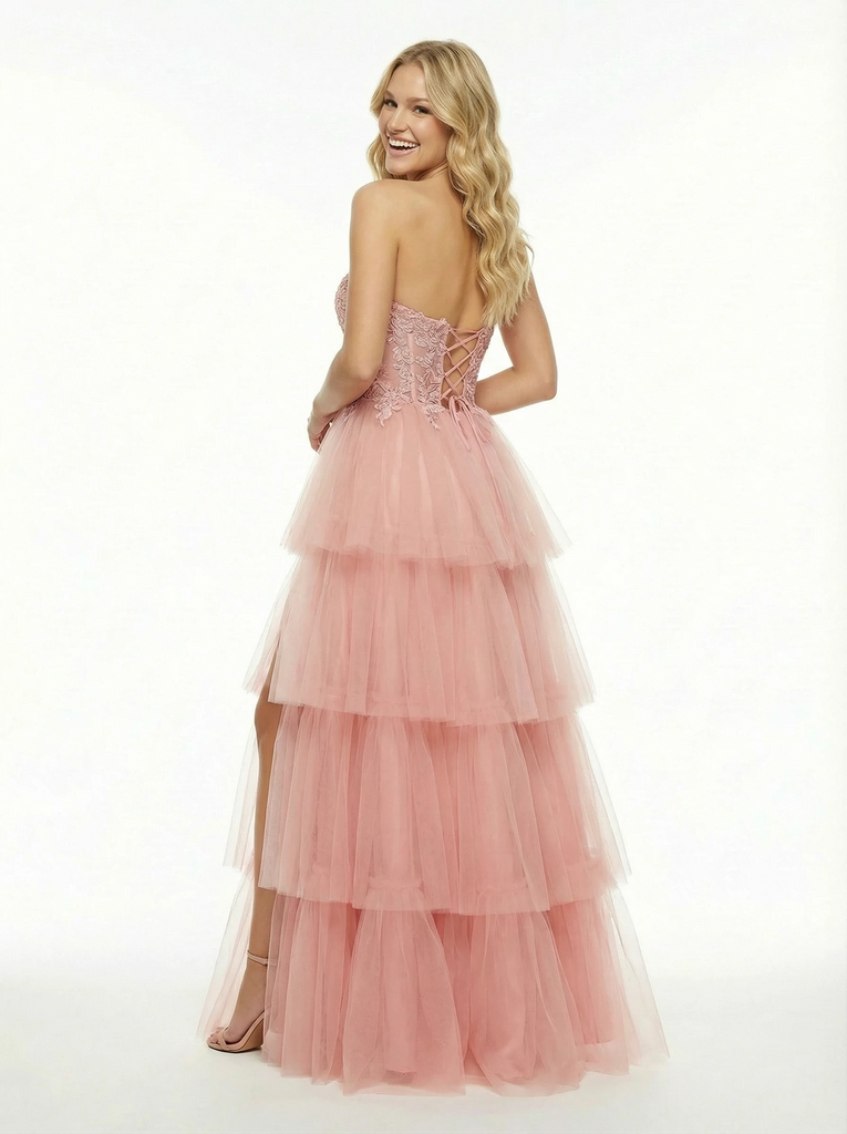 Lace Sweetheart Boned Side Slit A-line Long Party Prom Dresses