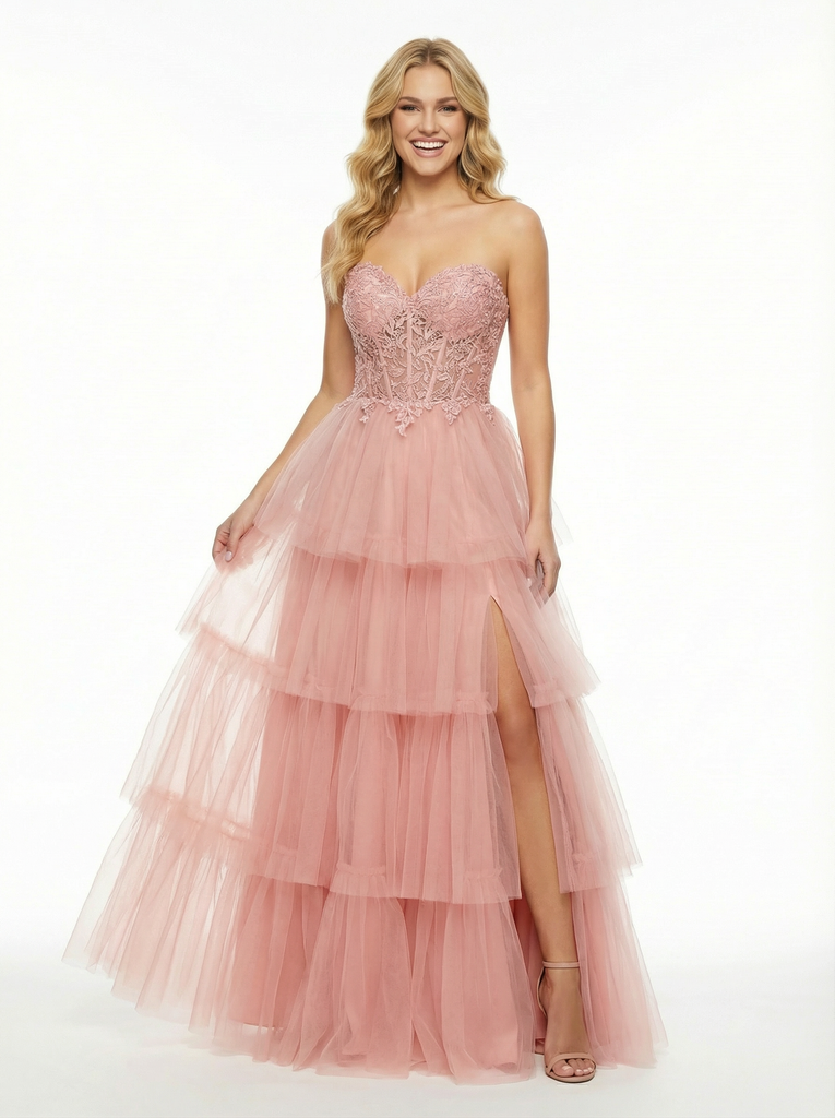 Lace Sweetheart Boned Side Slit A-line Long Party Prom Dresses