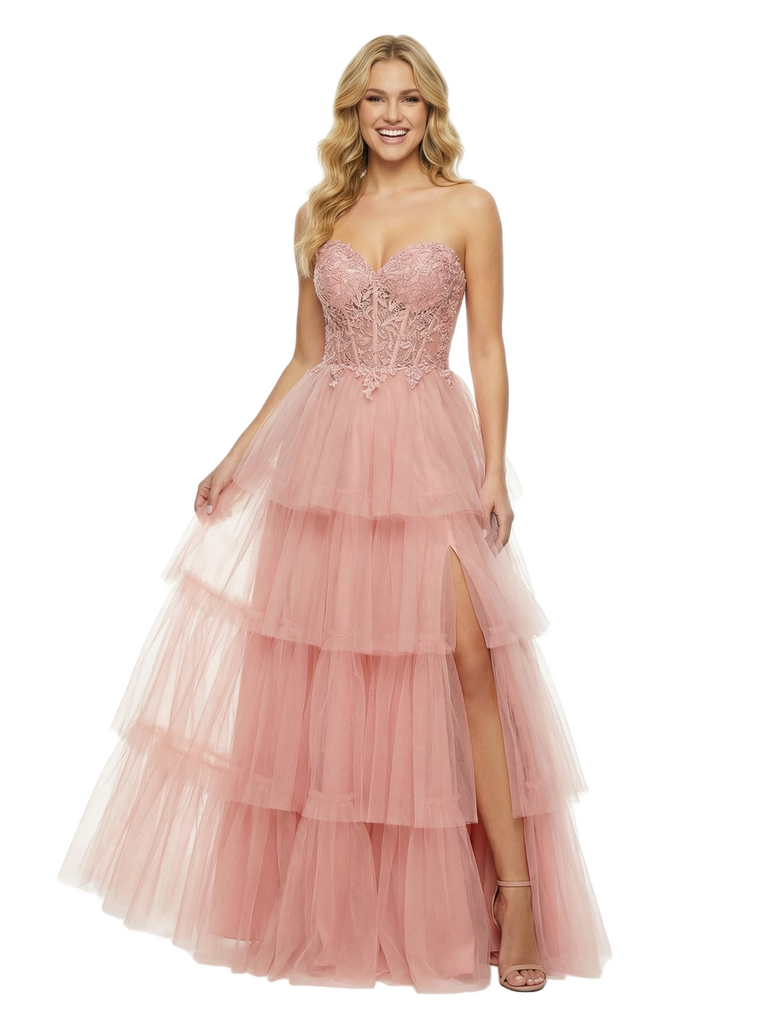 ChicSew Elegant Sweetheart Side Slit Corset Ruffles A-Line Chiffon Formal Ball Gown Prom Dress