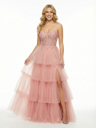 Lace Sweetheart Boned Side Slit A-line Long Party Prom Dresses