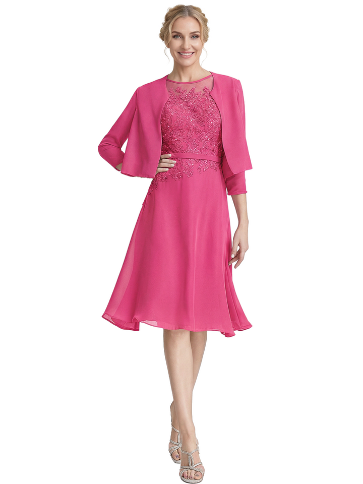 Chicsew Chic Short Lace Knee-Length A-Line Chiffon Mother Of The Groom Dress With Cute Jacket