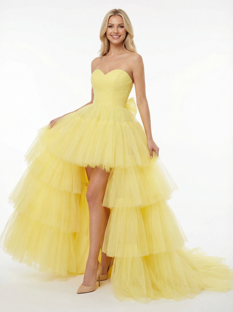 Elegant High Low Off Shoulder Tulle Ball Gown Prom Dresses