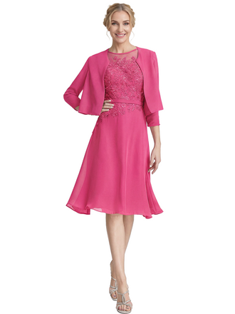 Chicsew Chic Short Lace Knee-Length A-Line Chiffon Mother Of The Groom Dress With Cute Jacket