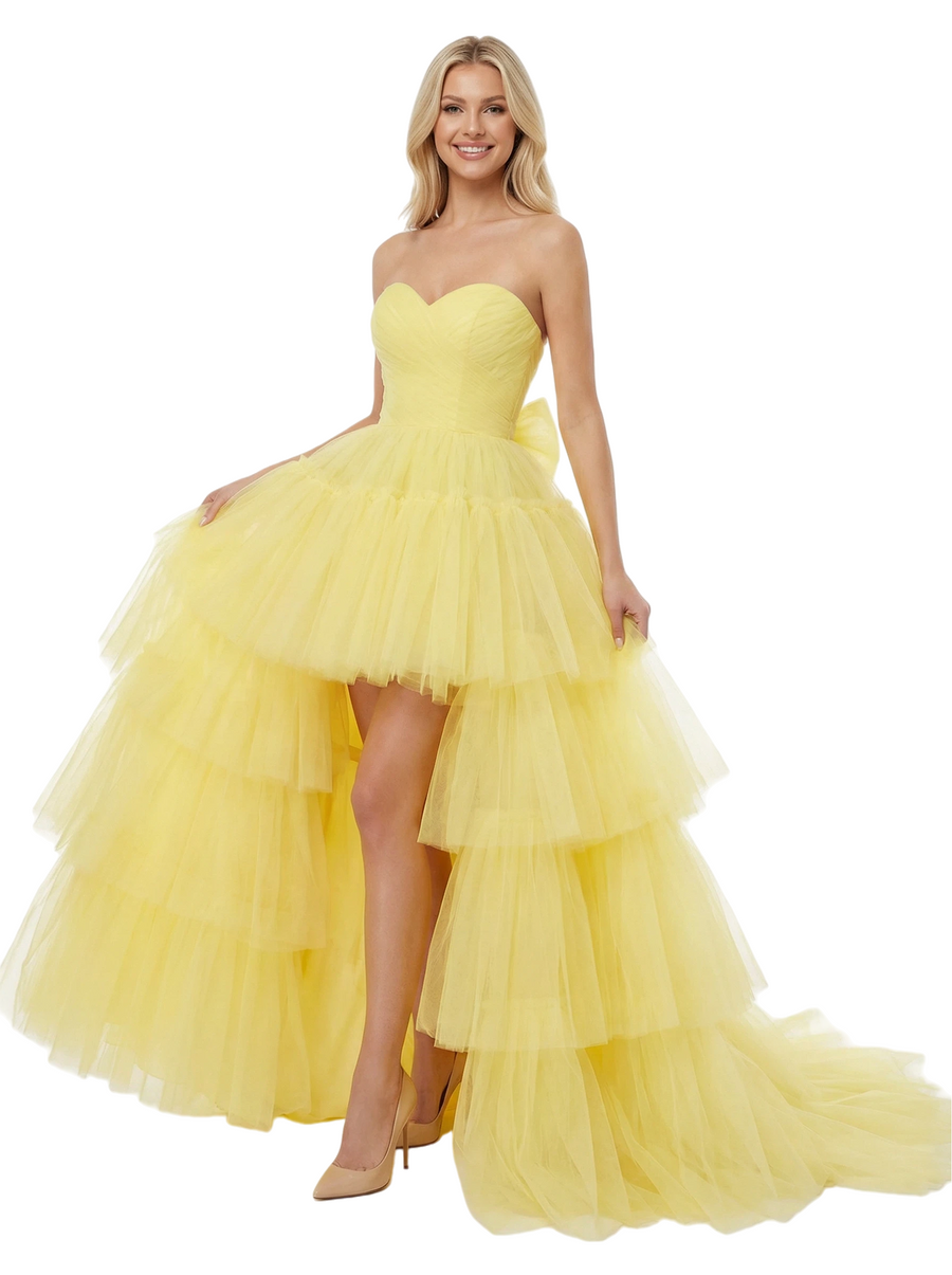 ChicSew Stunning Strapless Pleated Tulle Tiered Ball Gown Classy High Low Party Dress