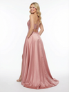Elegant Lace Satin V-Neck A-line Long Prom Dresses Slit
