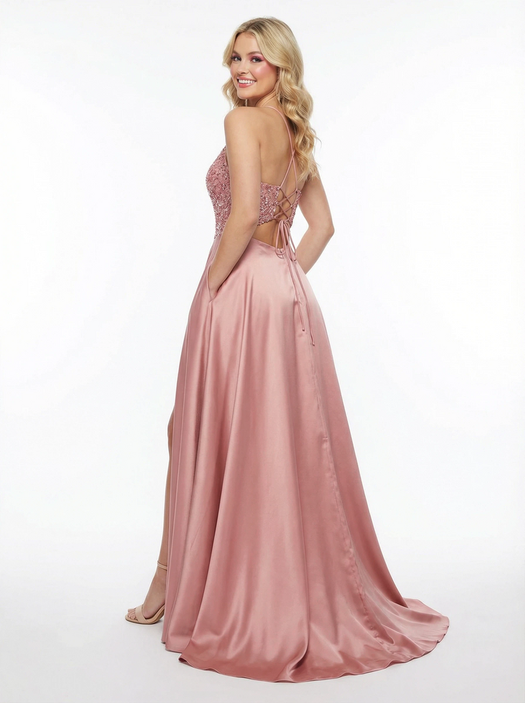 Elegant Lace Satin V-Neck A-line Long Prom Dresses Slit