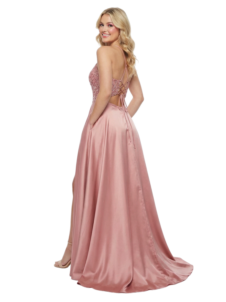 ChicSew Elegant V-neck Lace Appliques A-line Satin Formal Gown with High Slit