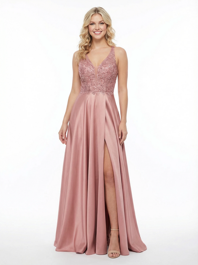 Elegant Lace Satin V-Neck A-line Long Prom Dresses Slit