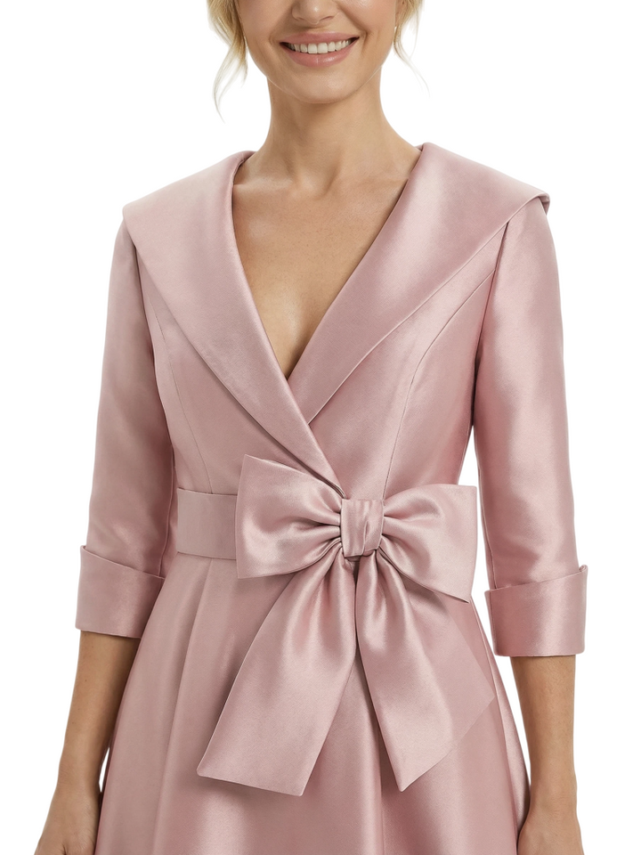 Chic Deep V-Neck 3/4 Sleeve Floor-Length With Bow Waist Mother of The Bride Satin Gown