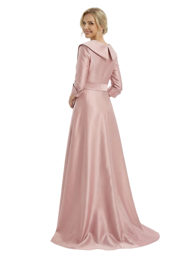 Chic Deep V-Neck 3/4 Sleeve Floor-Length With Bow Waist Mother of The Bride Satin Gown