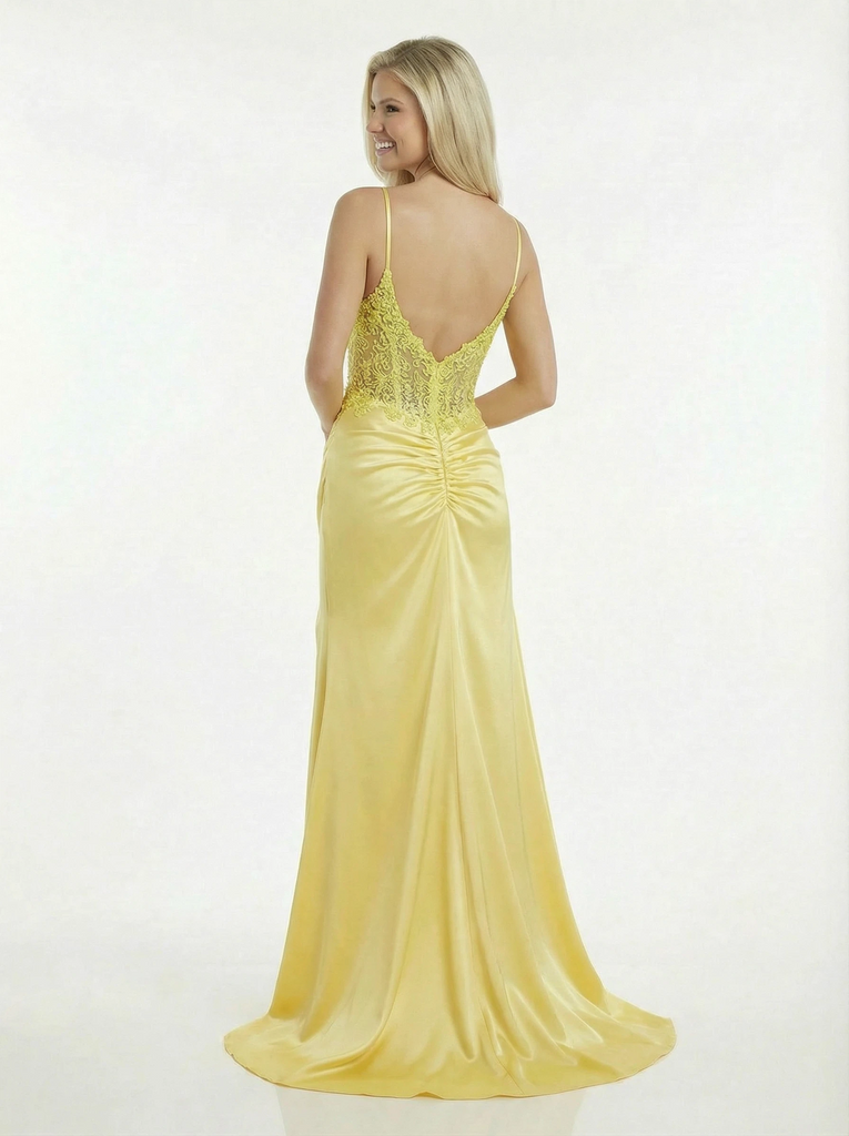 Sexy Slit Satin Lace Beaded V-Neck Long Prom Dresses With Waist Drape