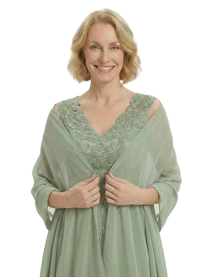 Elegant V-Neck Lace Applique Sleeveless A-Line Floor-Length Chiffon Mother Of The Bride Dress